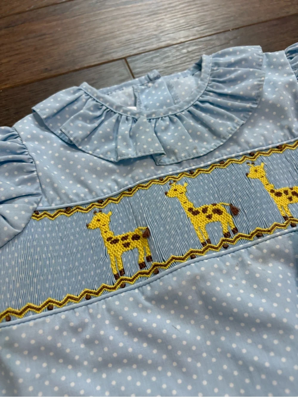 Posh Pickle 12M Baby Girl Smocked Giraffe 2pc Set Blue Polka Dot